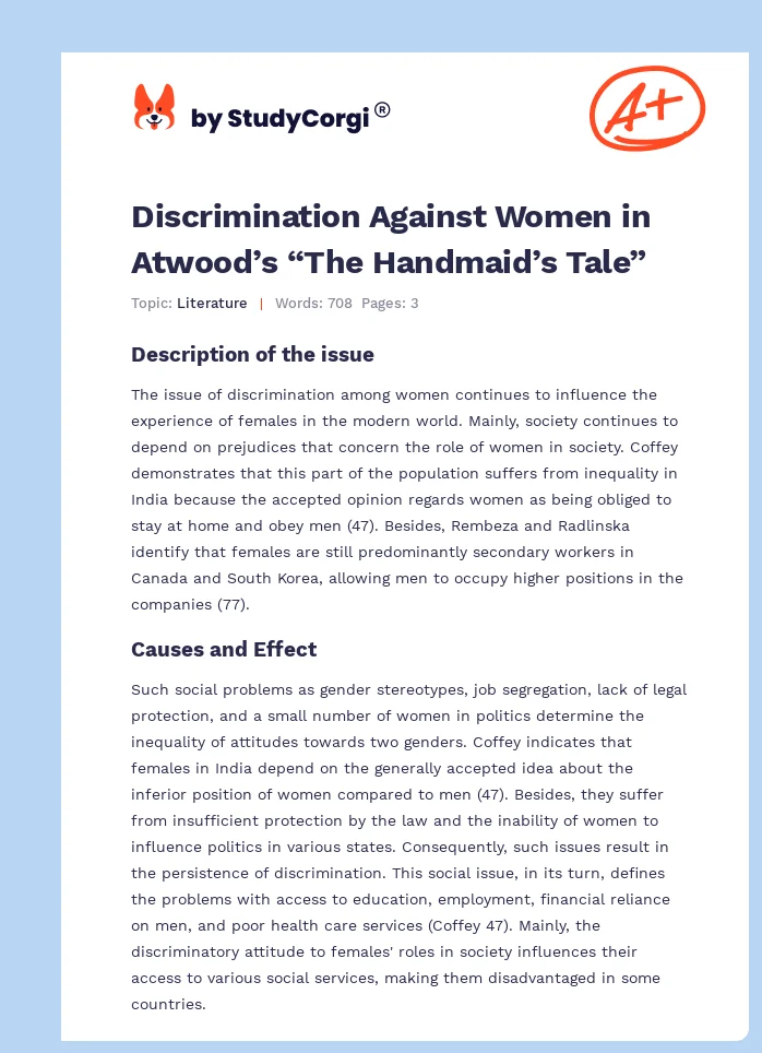 Discrimination Against Women in Atwood’s “The Handmaid’s Tale”. Page 1