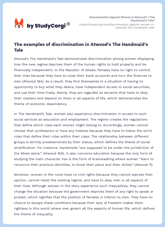 Discrimination Against Women in Atwood’s “The Handmaid’s Tale”. Page 2