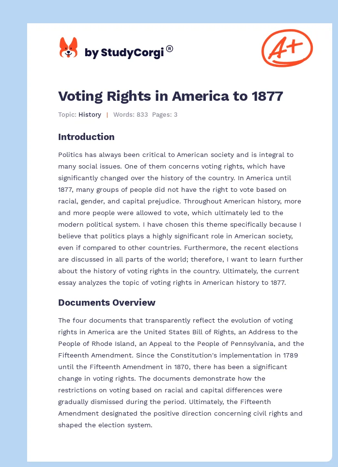 Voting Rights in America to 1877. Page 1