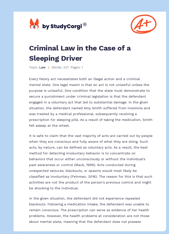 Criminal Law in the Case of a Sleeping Driver. Page 1