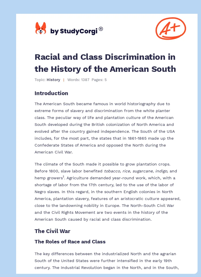 Racial and Class Discrimination in the History of the American South. Page 1
