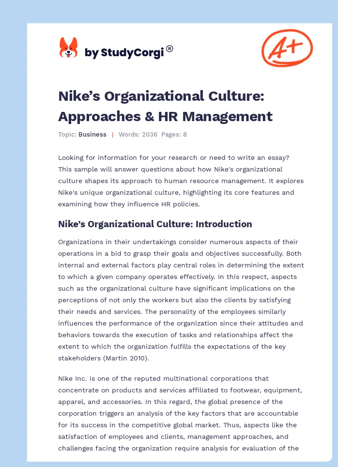 Nike’s Organizational Culture: Approaches & HR Management. Page 1