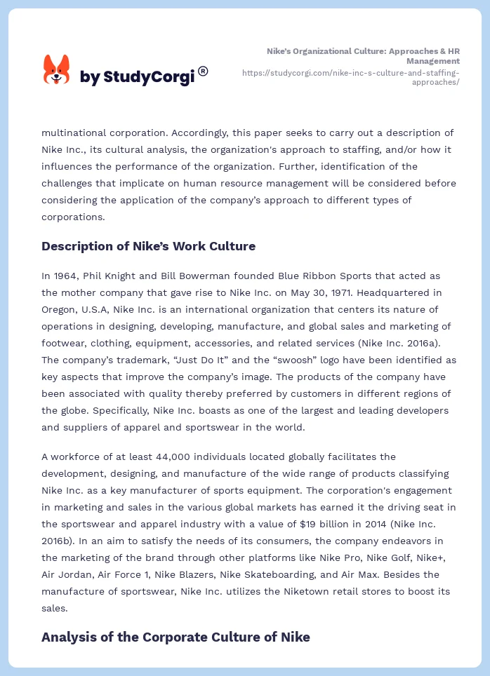 Nike’s Organizational Culture: Approaches & HR Management. Page 2