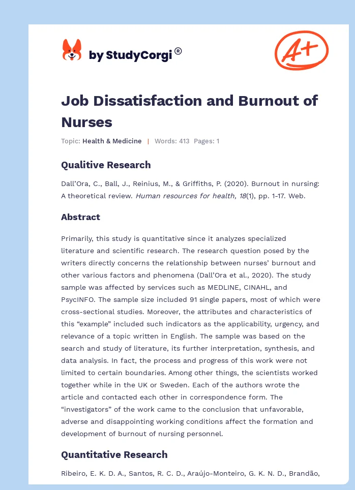 Job Dissatisfaction and Burnout of Nurses. Page 1