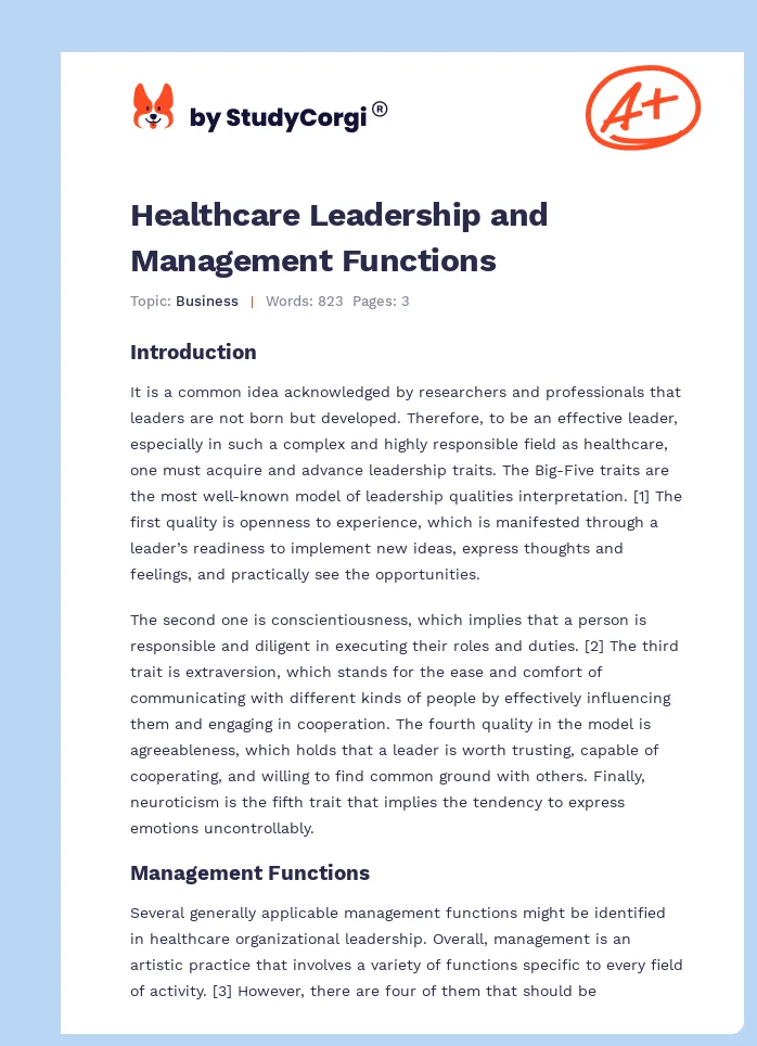 Healthcare Leadership and Management Functions. Page 1