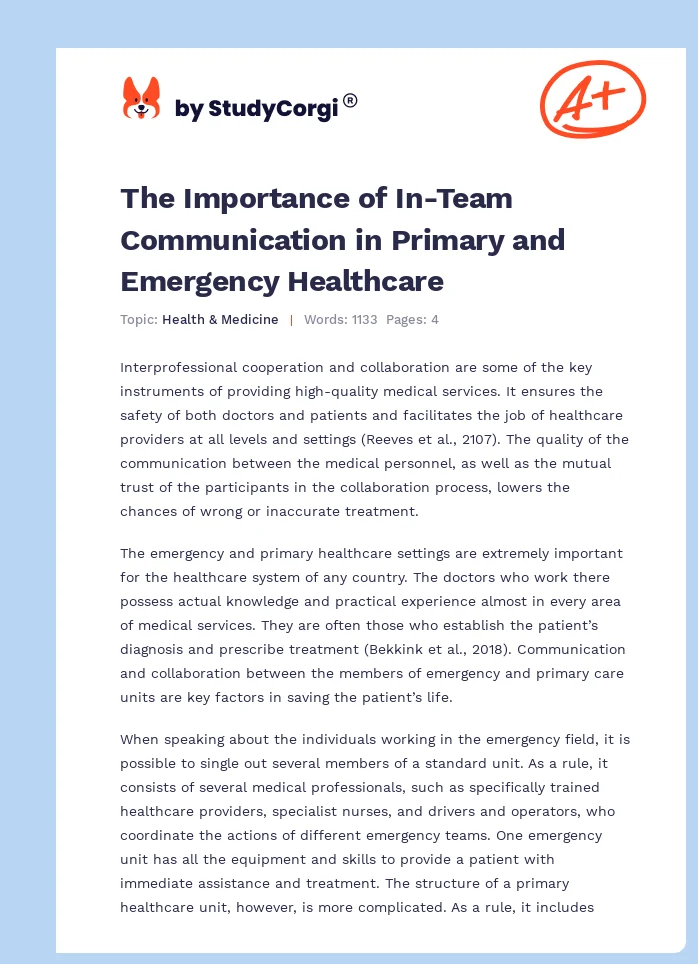 The Importance of In-Team Communication in Primary and Emergency Healthcare. Page 1
