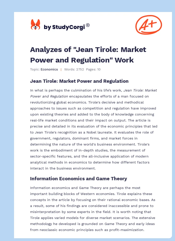 Analyzes of "Jean Tirole: Market Power and Regulation" Work. Page 1