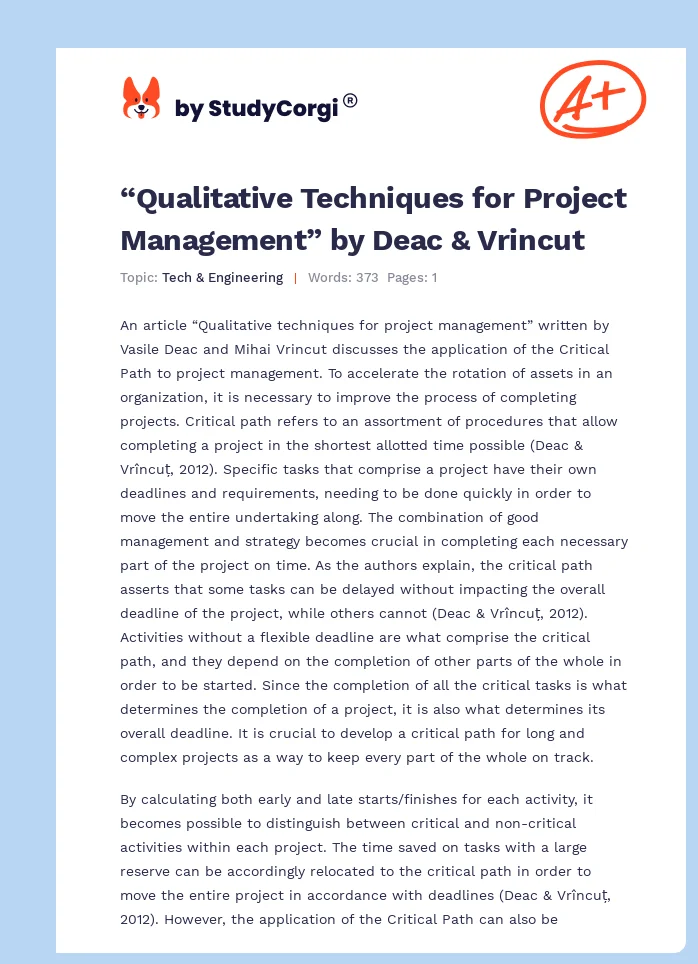 “Qualitative Techniques for Project Management” by Deac & Vrincut. Page 1