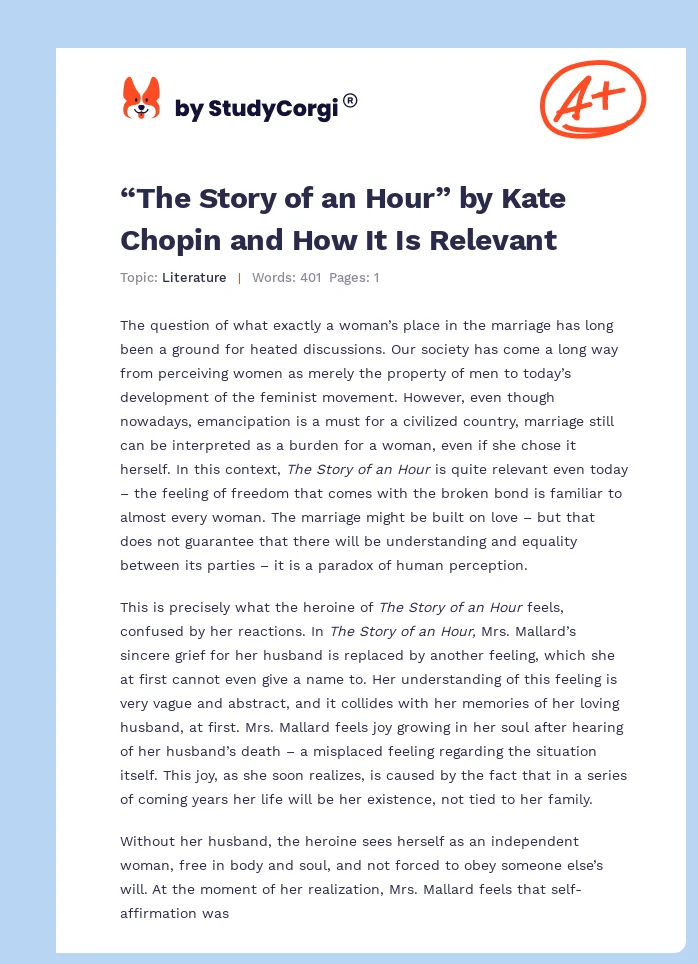“The Story of an Hour” by Kate Chopin and How It Is Relevant. Page 1