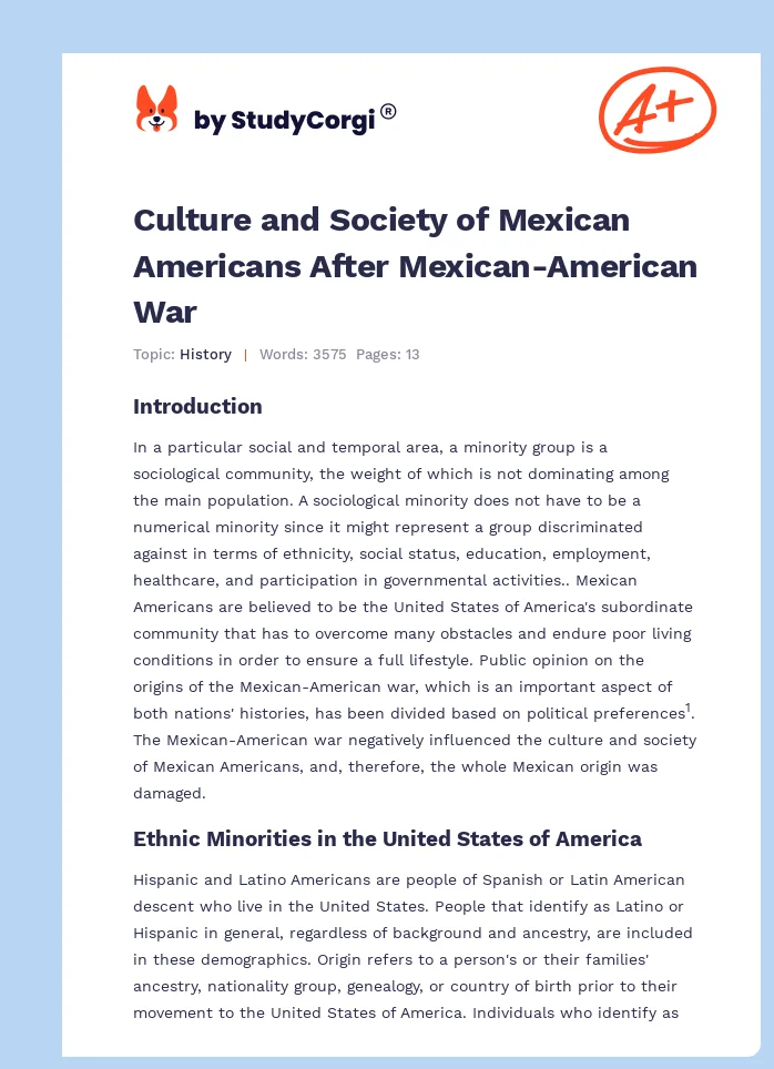 Culture and Society of Mexican Americans After Mexican-American War. Page 1