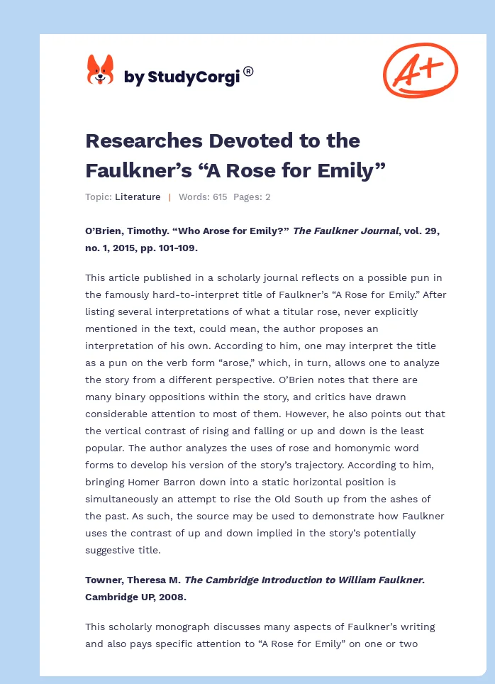 Researches Devoted to the Faulkner’s “A Rose for Emily”. Page 1