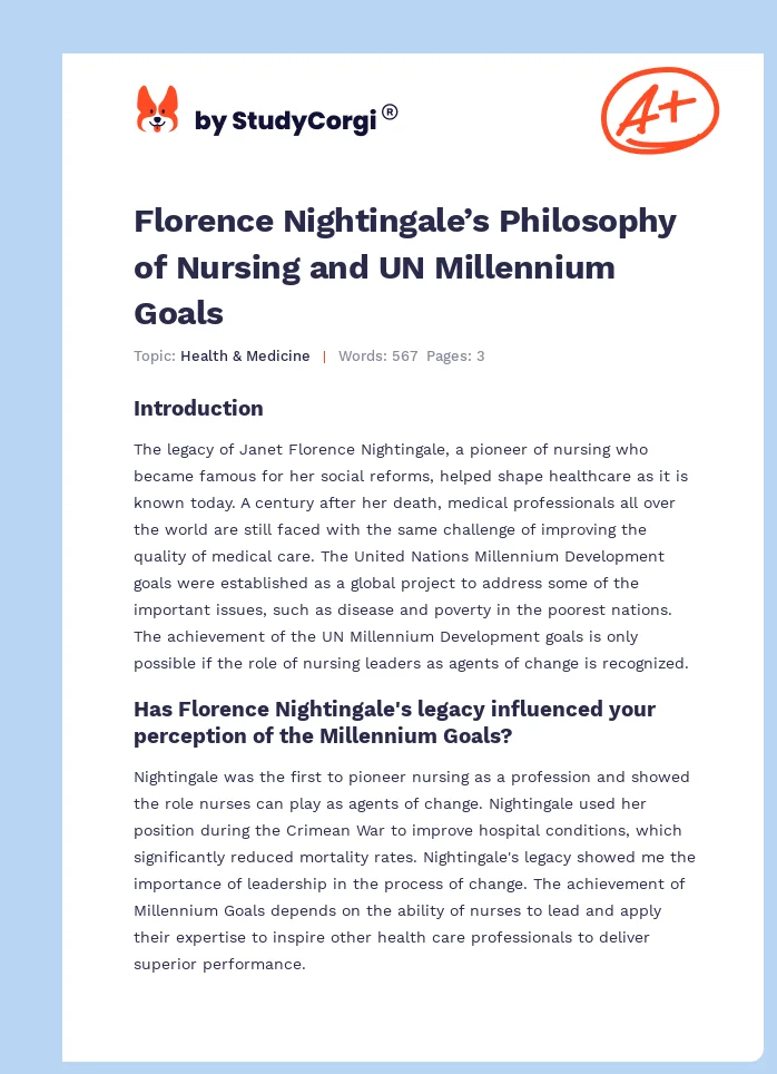 Florence Nightingale’s Philosophy of Nursing and UN Millennium Goals. Page 1