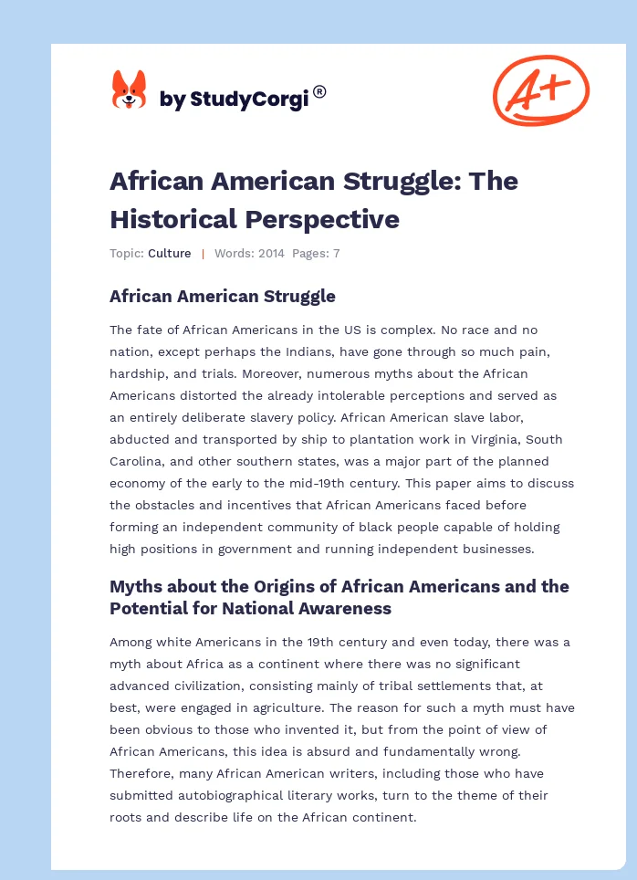 African American Struggle: The Historical Perspective. Page 1