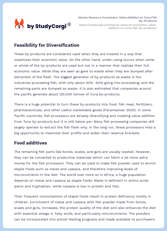 Marine Resource Economics: Value Addition on Tuna Fish By-Products. Page 2