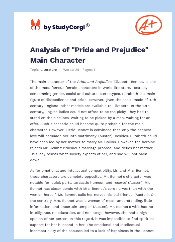 Analysis of "Pride and Prejudice" Main Character. Page 1