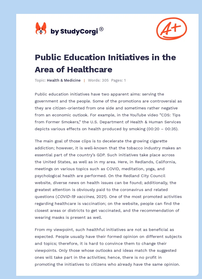 Public Education Initiatives in the Area of Healthcare. Page 1