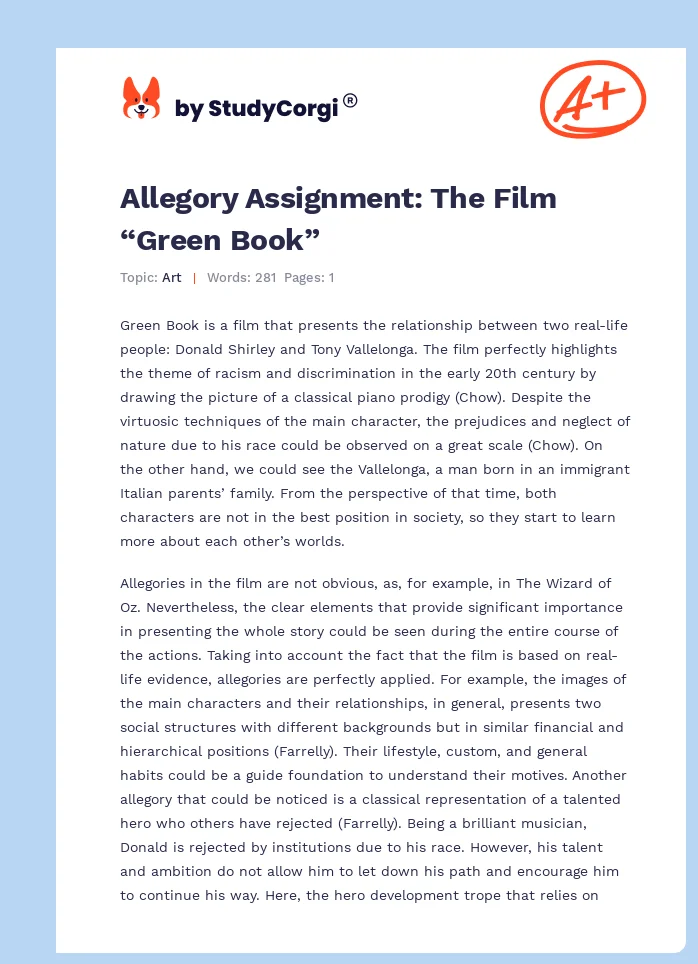 Allegory Assignment: The Film “Green Book”. Page 1