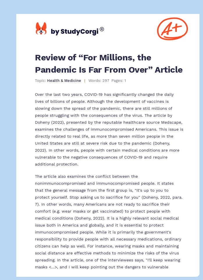 Review of “For Millions, the Pandemic Is Far From Over” Article. Page 1