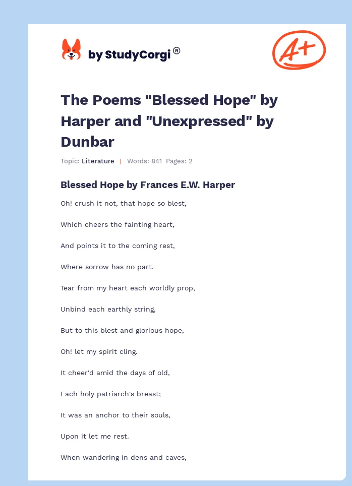 The Poems "Blessed Hope" by Harper and "Unexpressed" by Dunbar. Page 1