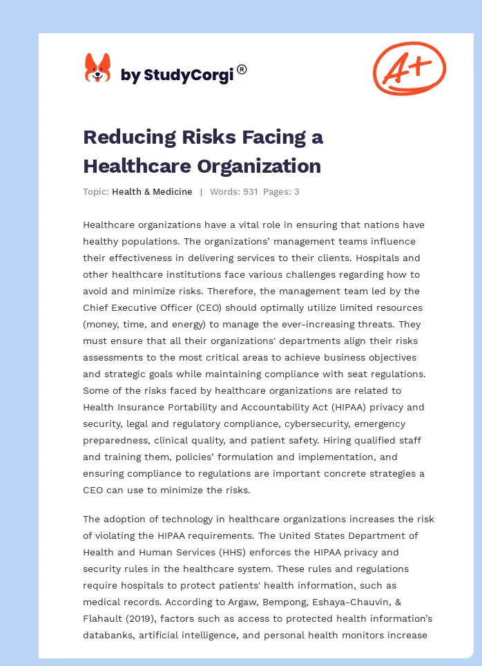 Reducing Risks Facing a Healthcare Organization. Page 1