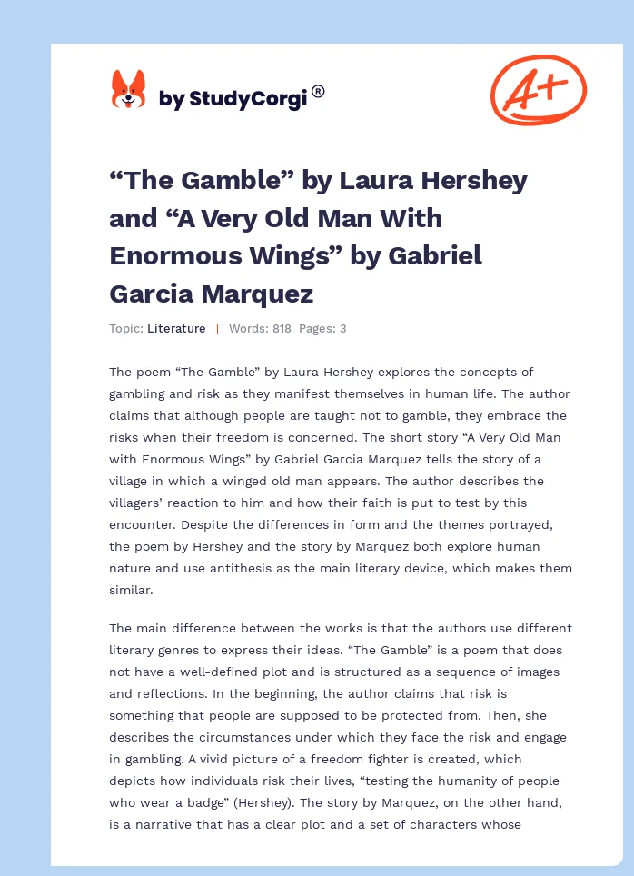“The Gamble” by Laura Hershey and “A Very Old Man With Enormous Wings” by Gabriel Garcia Marquez. Page 1
