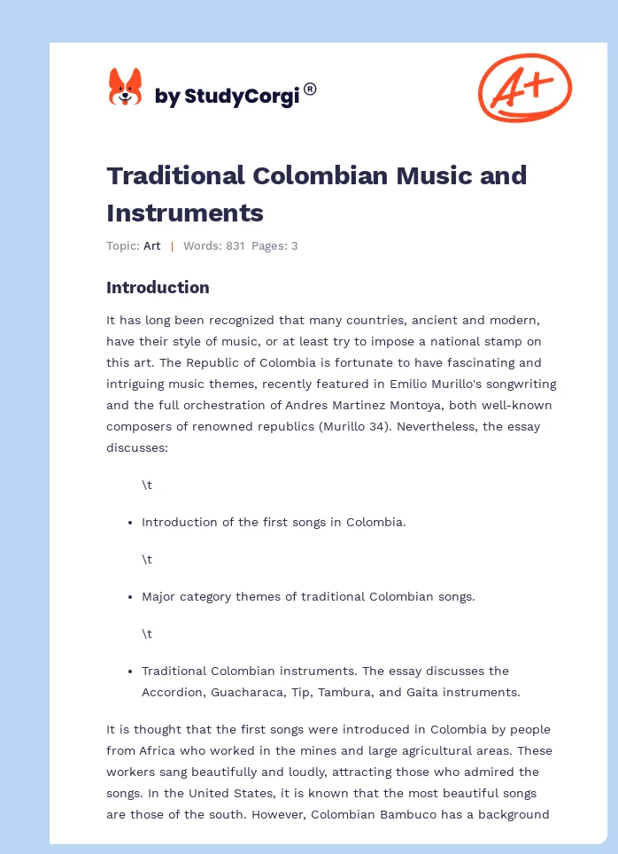Traditional Colombian Music and Instruments. Page 1