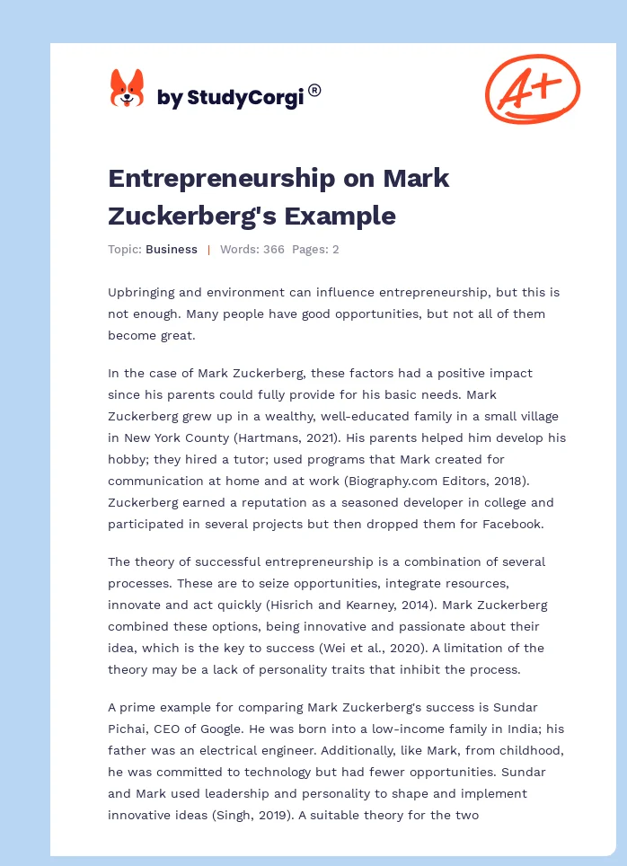 Entrepreneurship on Mark Zuckerberg's Example. Page 1