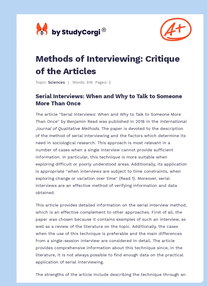 Methods of Interviewing: Critique of the Articles. Page 1
