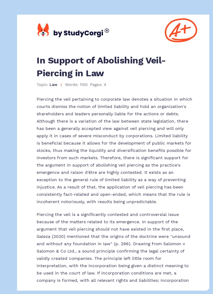 In Support of Abolishing Veil-Piercing in Law. Page 1