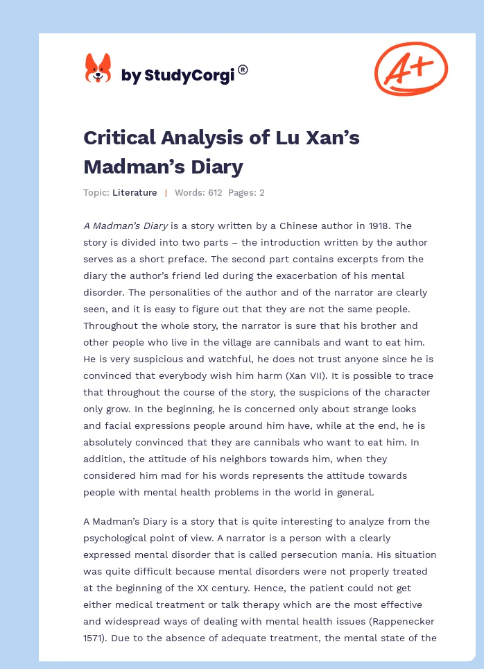 Critical Analysis of Lu Xan’s Madman’s Diary. Page 1