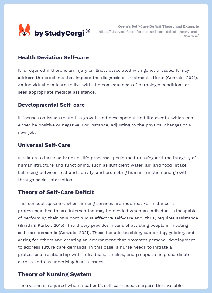 Orem's Self-Care Deficit Theory and Example. Page 2