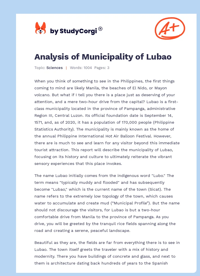 Analysis of Municipality of Lubao. Page 1