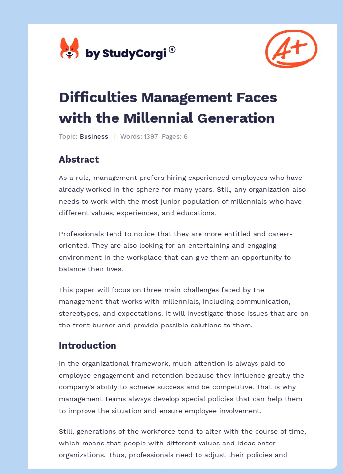 Difficulties Management Faces with the Millennial Generation. Page 1