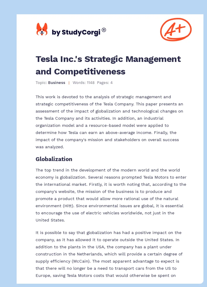Tesla Inc.'s Strategic Management and Competitiveness. Page 1