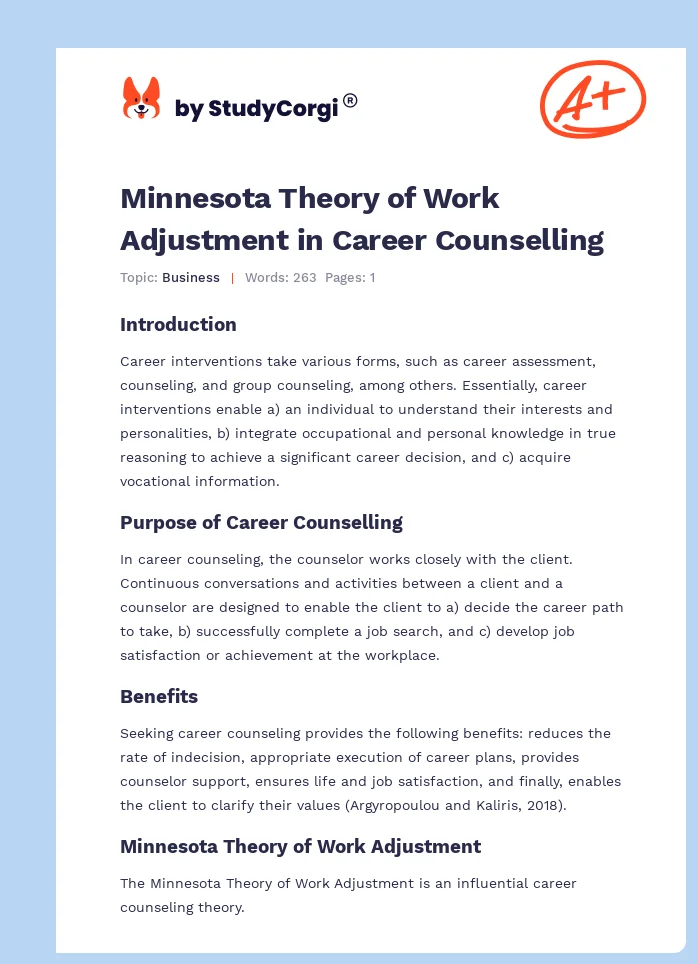 Minnesota Theory of Work Adjustment in Career Counselling. Page 1