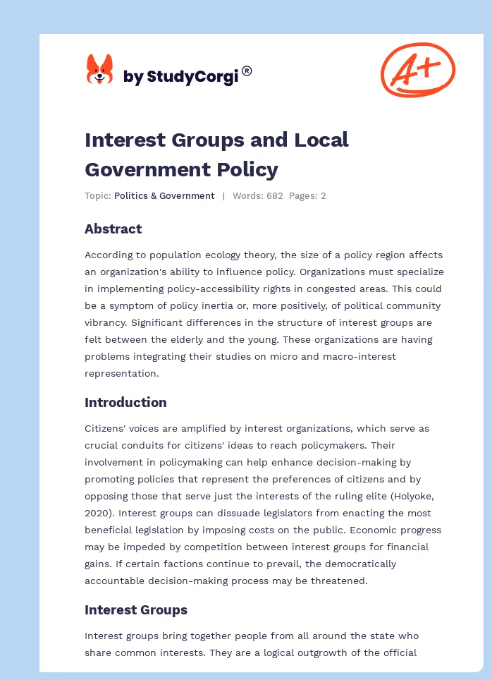 Interest Groups and Local Government Policy. Page 1