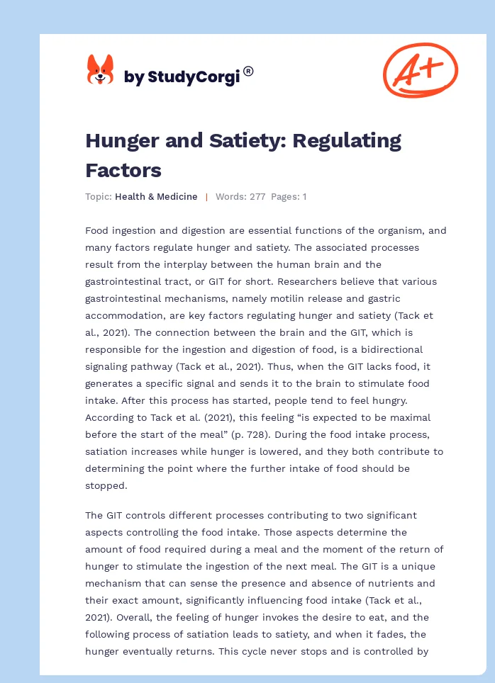 Hunger and Satiety: Regulating Factors. Page 1