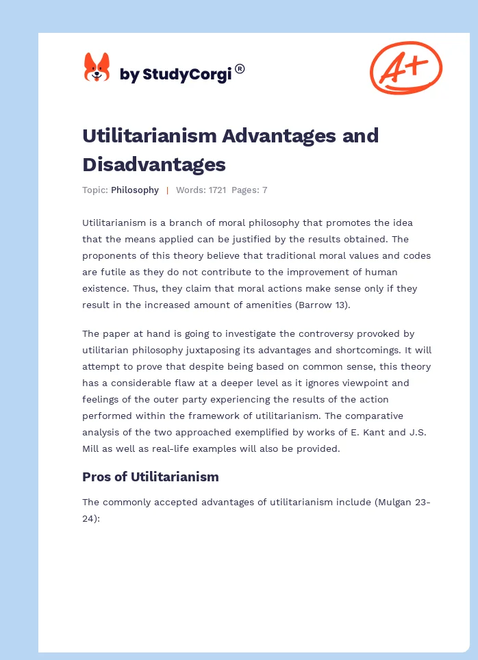 utilitarianism advantages and disadvantages essay
