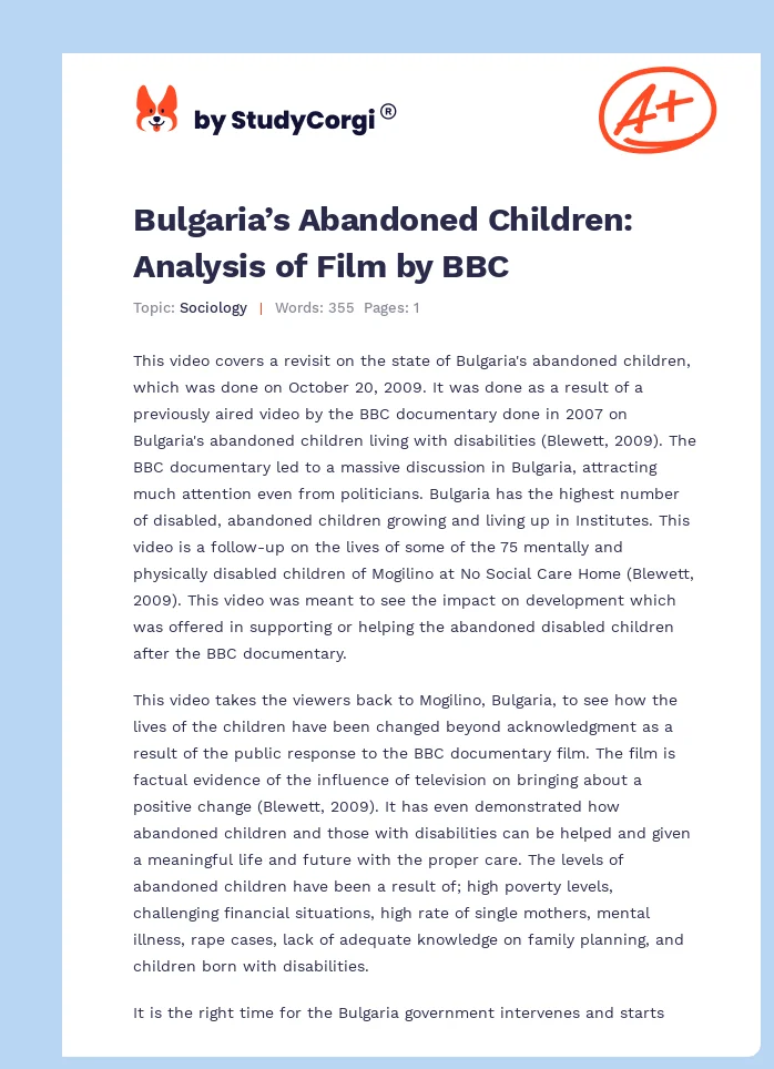 Bulgaria’s Abandoned Children: Analysis of Film by BBC. Page 1