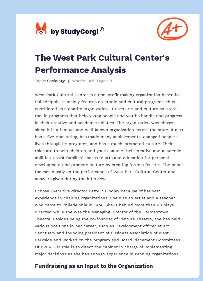 The West Park Cultural Center's Performance Analysis. Page 1
