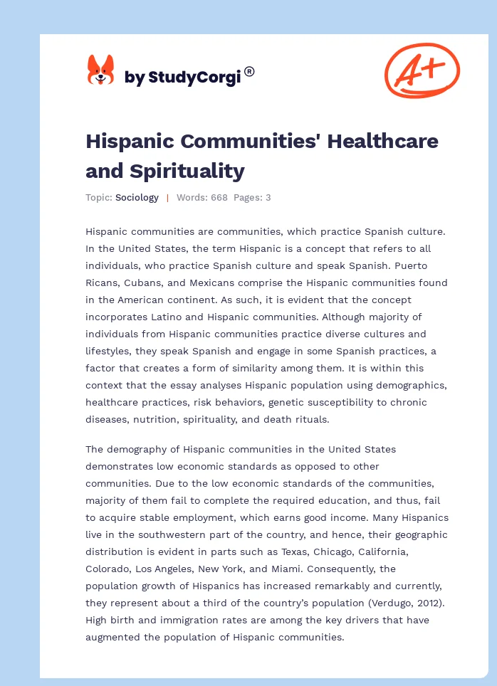 Hispanic Communities' Healthcare and Spirituality. Page 1