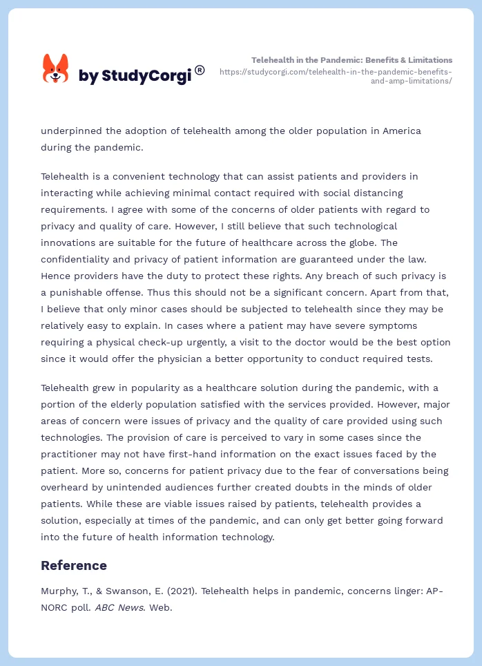 Telehealth in the Pandemic: Benefits & Limitations. Page 2