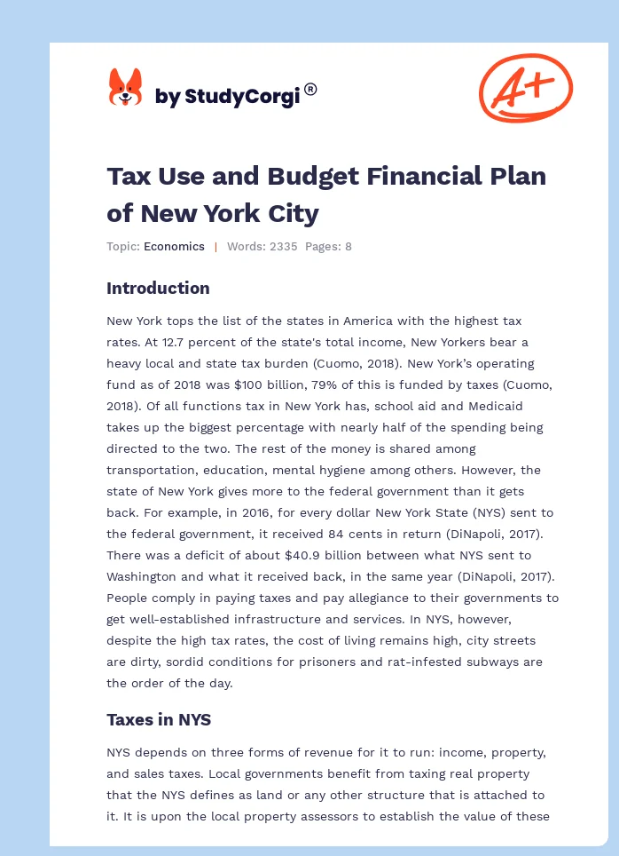 Tax Use and Budget Financial Plan of New York City. Page 1