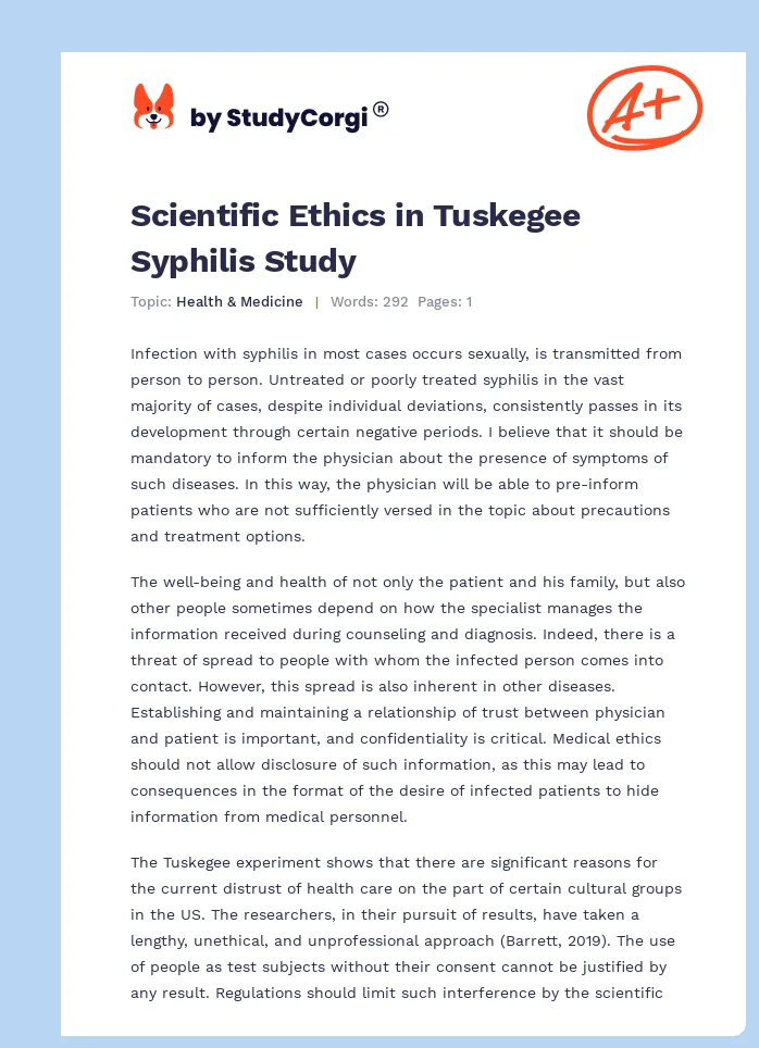 Scientific Ethics in Tuskegee Syphilis Study. Page 1