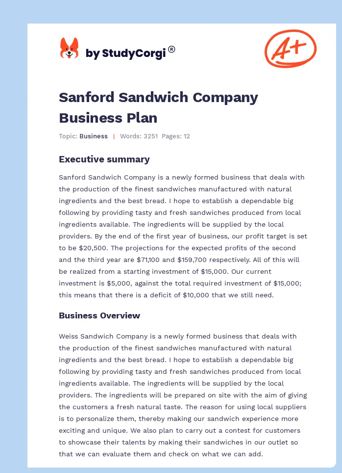 Sanford Sandwich Company Business Plan. Page 1