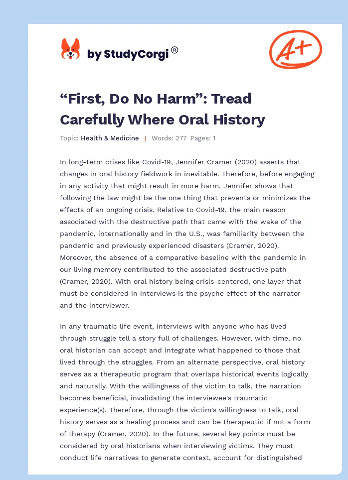 “First, Do No Harm”: Tread Carefully Where Oral History. Page 1