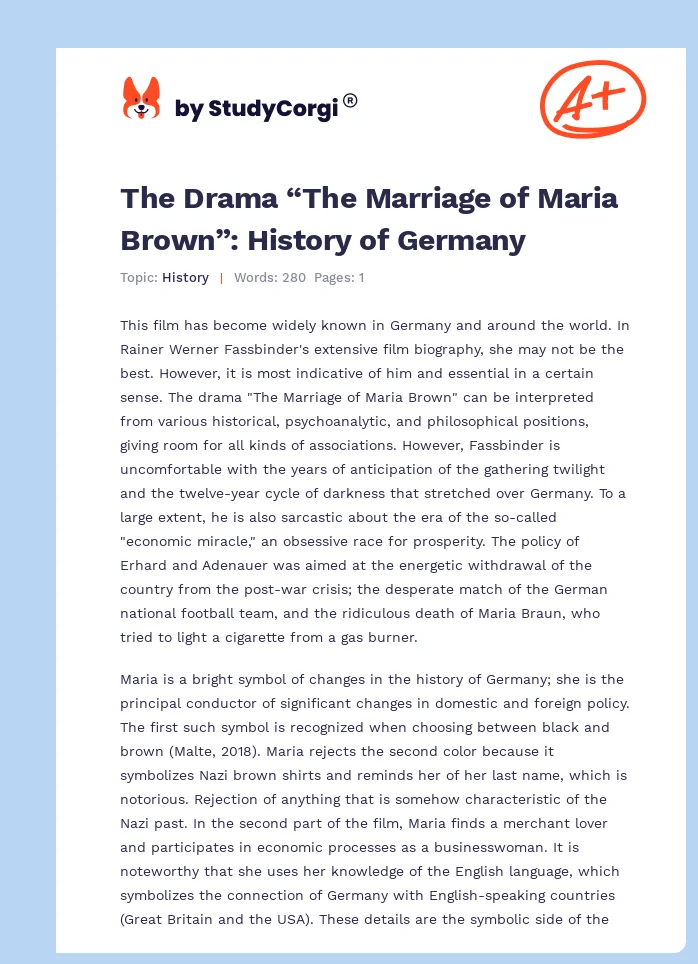 The Drama “The Marriage of Maria Brown”: History of Germany. Page 1