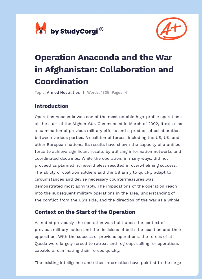 Operation Anaconda and the War in Afghanistan: Collaboration and Coordination. Page 1