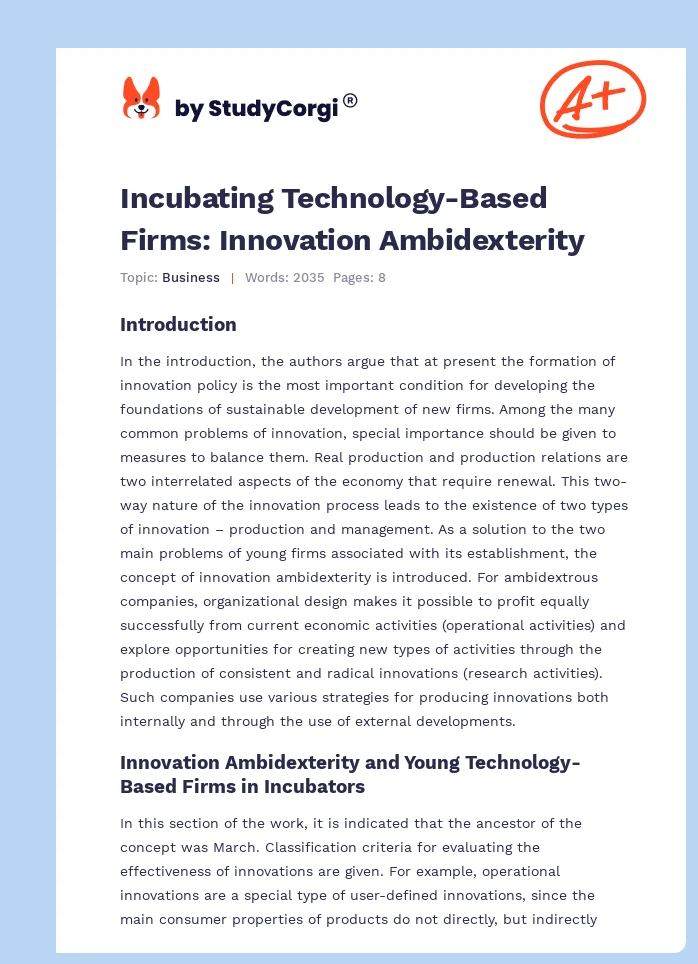 Incubating Technology-Based Firms: Innovation Ambidexterity. Page 1