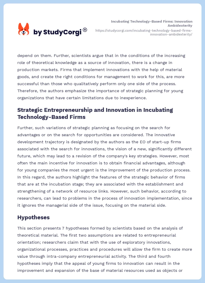 Incubating Technology-Based Firms: Innovation Ambidexterity. Page 2